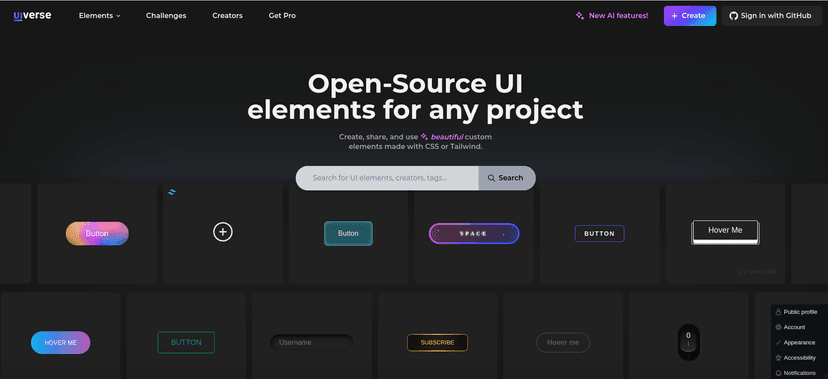 Open-Source UI elements for any project. Create, share, and use beautiful custom elements made with CSS or Tailwind.