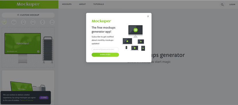 Mockuper is a free online mockup generator that lets you design your products mockups easily and quickly. Choose between desktop mockups, phone mockups, tablet and even posters or business cards mockups. Show clients your works in a beautiful and realistic way.
